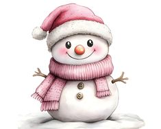 a snowman wearing a pink hat and scarf