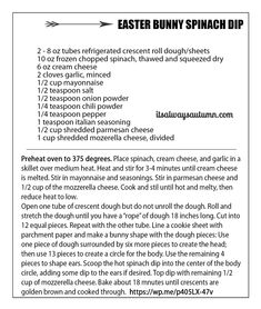 an easter bunny spinach dip recipe is shown in the middle of this printable