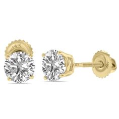 A stunning pair of round brilliant lab grown 2 carat total weight (F-G Color, VS1-VS2 Clarity) diamonds are pristinely set on classic 4 prong basket set solitaire earrings crafted in 14K yellow gold with screw back posts. An exceptional pair of lab grown diamond solitaire stud earrings sure to be treasured forever. Lab diamonds are considered real diamonds but instead of growing and being mined from the Earth's crust, they are grown in a laboratory to replicate the natural growth process. Moissanite Yellow Gold Round Diamond Earrings, Yellow Gold Moissanite Diamond Earrings, Classic 14k Gold Diamond Earrings With Prong Setting, Classic Gold Moissanite Diamond Earrings, Classic Yellow Gold Diamond Earrings With Prong Setting, Classic Lab Grown Diamond Earrings, Classic Round 14k Gold Diamond Earrings, Classic 14k Gold Round Diamond Earrings, Timeless Round Solitaire Diamond Earrings