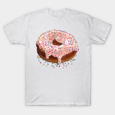 a donut with pink icing and sprinkles on white t - shirt