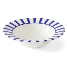 a blue and white striped bowl on a white background