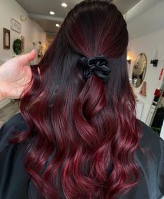 Red Cherry Highlights On Black Hair, Deep Red And Black Hair, Cherry Red And Brown Hair, Red Balayage Brown Hair, Cherry Red Highlights In Black Hair, Wine Hair Color, Dark Red Hair Color, Haircut 2023