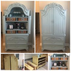 several different pictures of an old dresser and bookcase