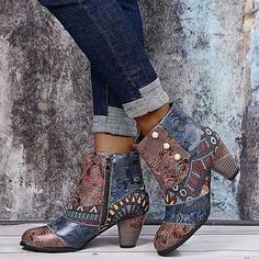 Women's Boots Plus Size Party Outdoor Office Booties Ankle Boots Winter Beading Chunky Heel Round Toe Vintage Walking Shoes PU Leather Zipper Floral Geometric Brown Rainbow 2023 - AU $71.49 Thick Heel Boots, Cheap Ankle Boots, Rough Heels, Casual High Heels, Short Leather Boots, Winter Chic, Winter Ankle Boots, Evening Sandals, Zipper Boots