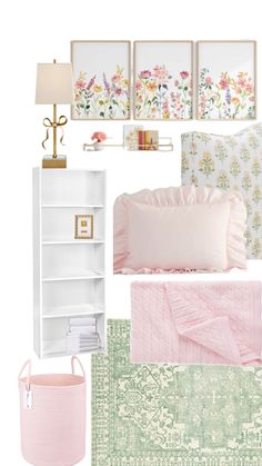 a collage of pink and green decor with flowers on the wall, bookshelf, bedding, rugs, lamps, and other items