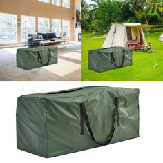 an image of a tent set up in the grass with its door open and it's outside