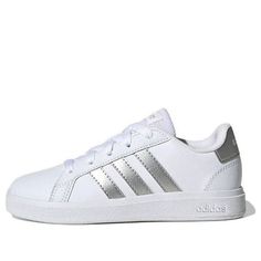 (GS) adidas Grand Court 2.0 Lifestyle Tennis Shoes 'White Matte Silver' GW6506 Adidas Running Shoes With Round Toe, White Running Shoes With Elastic Laces And Round Toe, White Running Shoes With Elastic Laces, White Synthetic Skate Shoes With Elastic Laces, White Scratch-resistant Lace-up Sneakers, White Adidas Synthetic Skate Shoes, White Adidas Skate Shoes With Synthetic Material, White Adidas Skate Shoes With Round Toe, White Adidas Skate Shoes With Logo