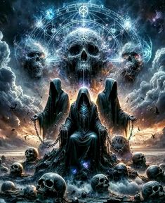 an image of a man sitting on top of a pile of skulls in the sky