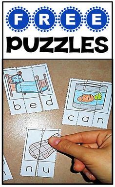 three pictures with the words free puzzles in front of them and an image of a hand holding