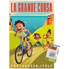 a cartoon character riding a bike in front of some other characters on the cover of a book