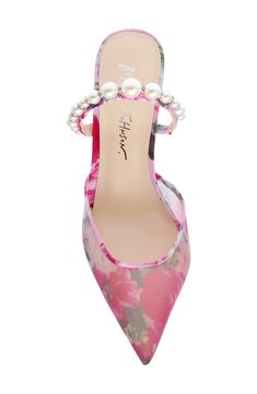 Pearly beads and sparkling embellishments lend glamorous appeal to a soirée-ready mule fashioned with a mesh upper and pointy toe for modern allure. 2 1/2" heel Cushioned footbed Textile upper/synthetic lining and sole Imported Betsey Johnson, Mule, Pink Floral, Embellishments, Nordstrom, Mesh, Beads, Heels, Floral