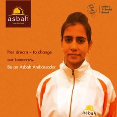 a woman standing in front of an orange background with the words, her dream - to change our tomorrow be an ash ambassador