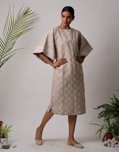 Beige Chinaman Linen Dress Ikat Dresses, Frock Designs For Women, Block Print Dresses, Latest Indian Dresses, Gowns Indian, Ethnic Dresses, Dresses Traditional