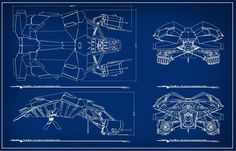 blueprinted drawing of an airplane with four sections to each side and the bottom section showing