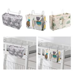 four images of pineapples hanging from the side of a baby crib with storage bags