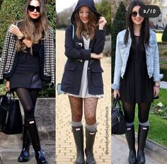 Styling Hunter Boots, Rainboots Outfit Summer, Women Tights Outfits, Black Rainboots Outfit, Rainy Boots Outfit, Hunter Wellies Outfit, Black Rain Boots Outfit, Rain Boots Outfit Winter, Rainboot Outfits