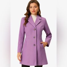 New Allegra K Peacoat Size Xs, Perfect For Winter In Color Lavender Single Breasted, Notched Lapel, Lined. 100% Polyester Solid Notched Lapel Long Sleeve Single Breasted Two Slant Pockets Fully Lined Regular Fit Long Overcoat Machine Wash Cold In Bag Or Dry Cleaning. Model Is Wearing A Xs. (Height: 5'7", Chest: 32 1/4 Inches, Waist: 24 3/8 Inches, Hip: 33 7/8 Inches Rain Trench Coat, Purple Coat, Long Overcoat, Winter Outwear, Long Winter Coats, Classic Trench Coat, Wool Peacoat, Green Coat, Long Winter