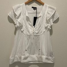 Never Worn, Light Weight Material. Perfect For Summer. Light Stain On One Tie String. See Picture. I Have Not Attempted To Get Stain Out. White Feminine Peasant Top With Short Sleeves, Chic White Short Sleeve Peasant Top, White Feminine Short Sleeve Peasant Top, White Babydoll, Babydoll Blouse, Summer Light, Dear John, Light Stain, Learn To Sew