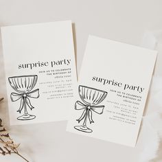 two cards with the words surprise party and an image of a vase on top of it