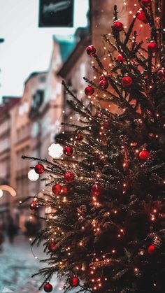 a small christmas tree with red ornaments on it in the middle of a city street