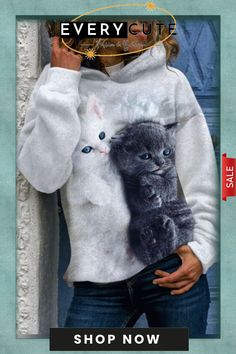 Fashion Cat Print Hooded Long-sleeve Sweatshirt Winter Long Sleeve Tops With Cat Print, Long Sleeve Cat Print Top For Winter, Long Sleeve Tops With Cat Print For Winter, Casual Long Sleeve Sweatshirt With Cat Print, Winter Long Sleeve Hoodie With Cat Design, Casual Winter Tops With Cat Print, Casual Long Sleeve Tops With Cat Design, White Long Sleeve Sweatshirt With Cat Print, White Long Sleeve Top With Cat Design