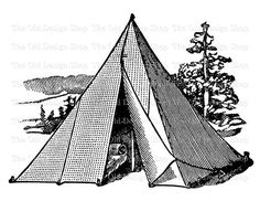 a drawing of a tent in the woods with trees and bushes around it, vintage line drawing or engraving illustration