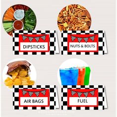 four different types of food are shown on this tablecloth with the words, dipsticks, nuts and botts