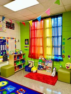 a brightly colored classroom with lots of windows and toys on the floor in front of it