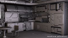 the interior of a sci - fi space station with tables and chairs