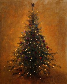 a painting of a christmas tree with lights