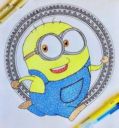 a drawing of a minion with glasses on it's face in a circle