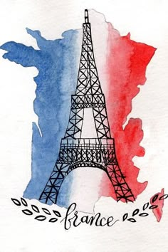 the eiffel tower is painted in red, white and blue watercolors