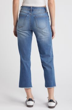 Keep it casual and cool in these faded mid-rise jeans styled with cropped, straight legs and fraying hems. 26" inseam; 15" leg opening; 9 1/2" front rise; 14 1/2" back rise Zip fly with button closure Five-pocket style 56% cotton, 24% rayon, 19% polyester, 1% spandex Machine wash, tumble dry Imported Medium Wash Straight Cropped Jeans With Frayed Hem, Denim Blue Straight Flare Jeans With Frayed Hem, Straight Cropped Jeans With Frayed Hem In Medium Wash, Washed Blue Straight Leg Jeans With Frayed Hem, Relaxed Fit Denim Blue Jeans With Frayed Hem, Dark Wash Straight Leg Jeans With Frayed Hem, Spring Denim Blue Straight Cropped Jeans, Spring Denim Blue Cropped Straight Jeans, Spring Straight Leg Jeans With Frayed Hem