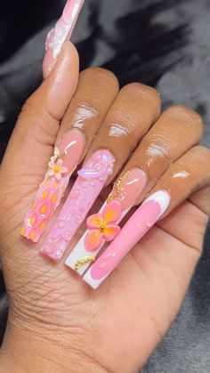 Confetti Cake Nails, Vacation Acrylics, Long Birthday Nails, Blooming Nail Art, Colourful Acrylic Nails, Spring Nail Designs, Ombre Acrylic Nails, Colored Acrylic Nails, Brighter Days