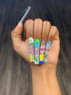 Acrylic Cartoon Nails, Nails Acrylic Cartoon, Cartoon Nails Animated, Acrylic Nails Cartoon Art Designs, Extra Baddie Nails, Long Acrylic Nails Cartoon, Ravens Nails, Character Nails, Cartoon Nails