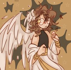 an angel with glasses holding a star in her hand and pointing to the right side