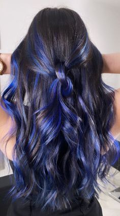 Blue Hair For Brunettes, Different Shades Of Blue Hair, Blue Tip Hair, Dark Blue Peekaboo Hair, Brunette With Blue Highlights, Blue With Black Hair, Dyed Hair Inspiration For Brunettes, Black And Blue Hair Ideas, Black With Blue Hair