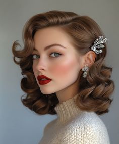 Retro waves Christmas hairstyle Audrey Hepburn Inspired Wedding Hair, Hollywood Glamour Hair Short, 1950s Hairstyles For Medium Length Hair, Old Hollywood Glam Hair Shoulder Length, Old Hollywood Formal Hair, Christmas Carol Hairstyles, Bridal Hair Retro, 1920s Hair Women, Half Up Half Down Hair With Fascinator