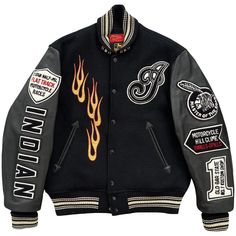 "Indian Motorcycle Varsity Jacket Indian Motorcycle, The Iron Horse. Produced by Toyo Enterprise. High quality item. Wool body, leather sleeves and quilted lining. Size 40 / L. Pit to pit 23\". Length 26\"." Winter Black Leather Jacket With Patchwork, Black Patchwork Leather Jacket For Winter, Urban Biker Jacket With Padded Collar For Streetwear, Biker Style Patchwork Outerwear For Winter, Black Patchwork Biker Jacket For Streetwear, Biker Outerwear With Padded Collar For Streetwear, Biker Style Outerwear With Padded Collar For Streetwear, Leather Varsity Jacket With Padded Collar For Winter, Winter Leather Varsity Jacket With Padded Collar