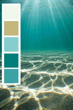 an underwater scene with sunlight shining through the water and sand under it, in shades of blue