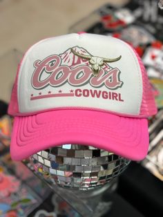 Trucker hat pink and white, with cowgirl print on front. Cowgirl Print, Hat Bar, Hat Party, Country Western, Custom Hats, Party Hats, Trucker Hats, Trucker Cap, Pink And White