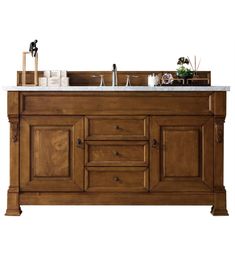 a bathroom vanity with marble top and wooden cabinetry on the bottom, side view