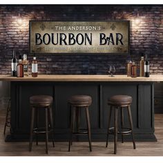 a bar with three stools in front of it and an advertisement on the wall