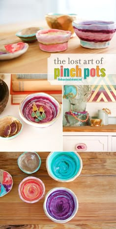 the lost art of pinch pots is displayed on a table with other bowls and plates