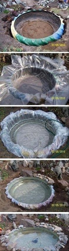 three pictures showing different stages of how to build an outdoor fire pit