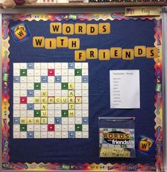 a bulletin board that has words with friends written on it and two bags of chips