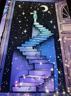 an image of stairs leading up to the sky with stars and moon painted on them