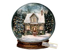 a snow globe with a house and christmas trees in the background, watercolor on paper