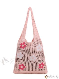 Bird in Bag - Womens Patterned Coated Canvas Knitting Tote Bag for Vacation Use Everyday Pink Knitted Shoulder Bag, Pink Knitted Bag For Daily Use, Pink Knitted Bags For Daily Use, Trendy Summer Crochet Bag For Errands, Casual Square Crochet Bag For Spring, Trendy Knit Bags For Daily Use, Casual Pink Knitted Bag, Pink Crochet Knitted Bag For Everyday Use, Summer Knitted Shoulder Bag For Shopping