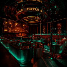 the interior of a bar with neon lights